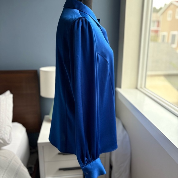 DKNY Blue Satin Button Down Hidden Button Long Sleeve Shirt - Office Siren - Picture 8 of 17